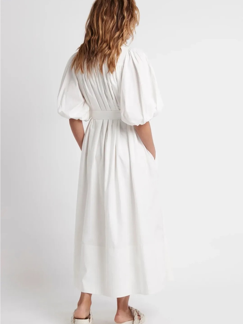 AJE Casablanca White Button-Front Puff Sleeve Midi Dress with Belt - Picture 2 of 5